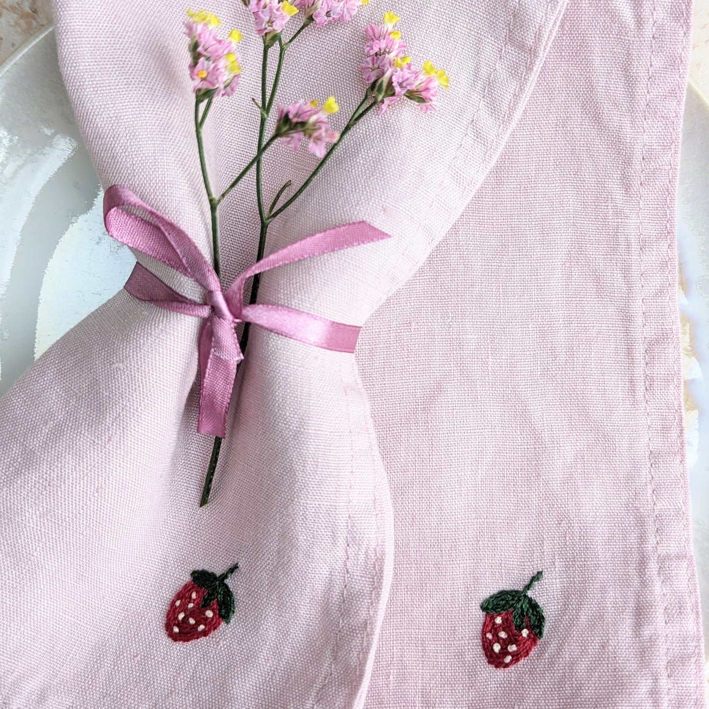 Hand-embroidered Linen Strawberry Napkins