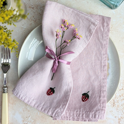 Hand-embroidered Linen Strawberry Napkins