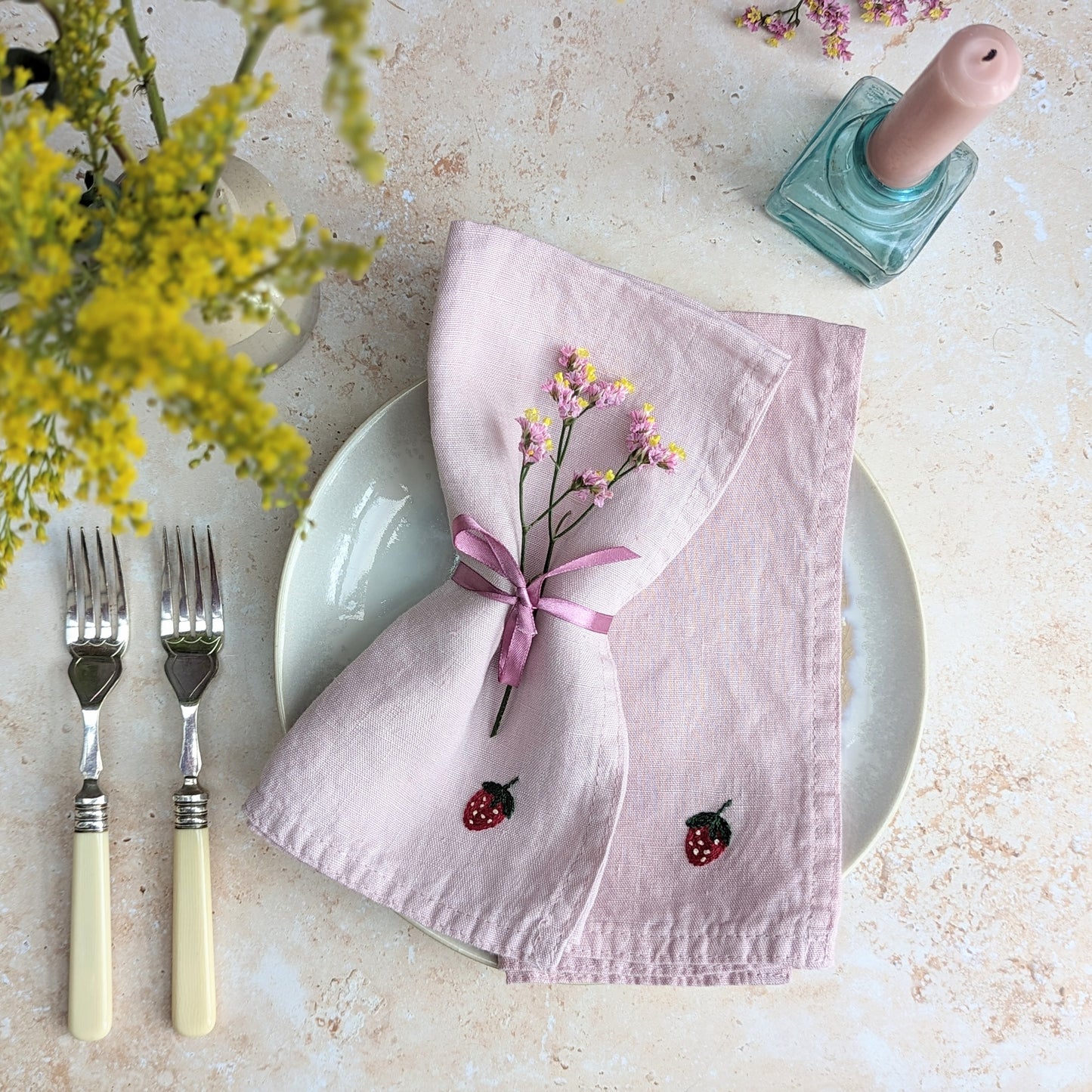 Hand-embroidered Linen Strawberry Napkins