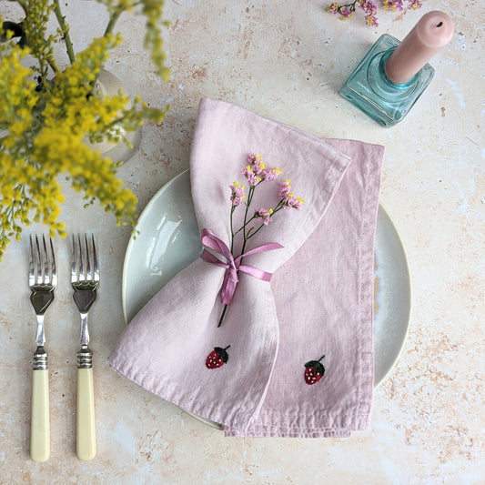 Hand-embroidered Linen Strawberry Napkins