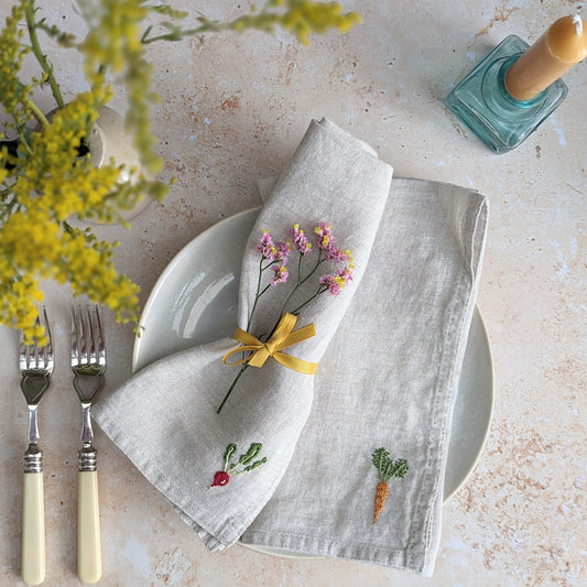 Hand-embroidered Linen Vegetable Napkins