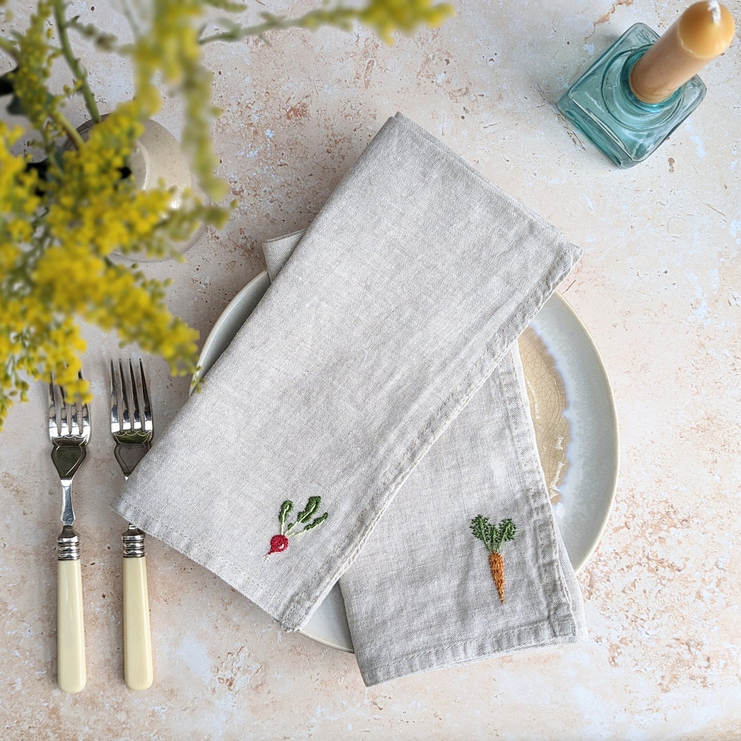 Hand-embroidered Linen Vegetable Napkins